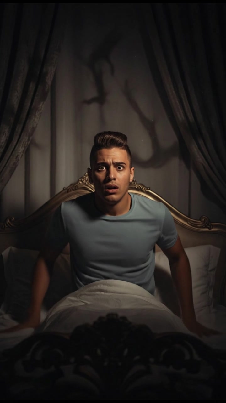 The Amir sitting up in bed, looking anxious with his eyes wide open, surrounded by shadows.