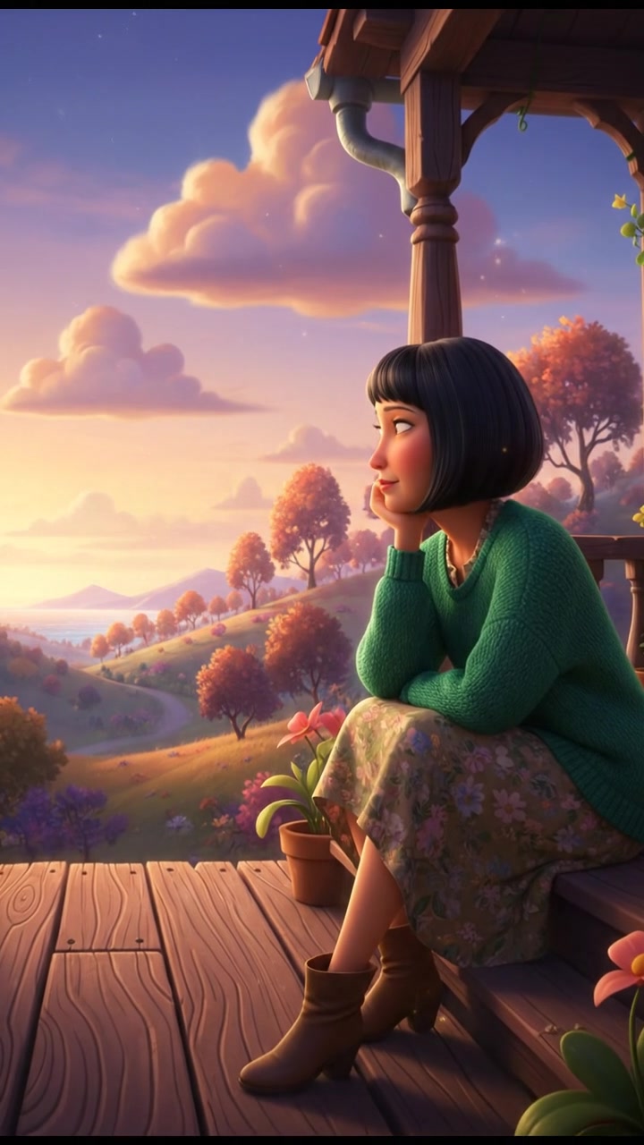 Li sitting on a wooden porch, looking pensively at the horizon.