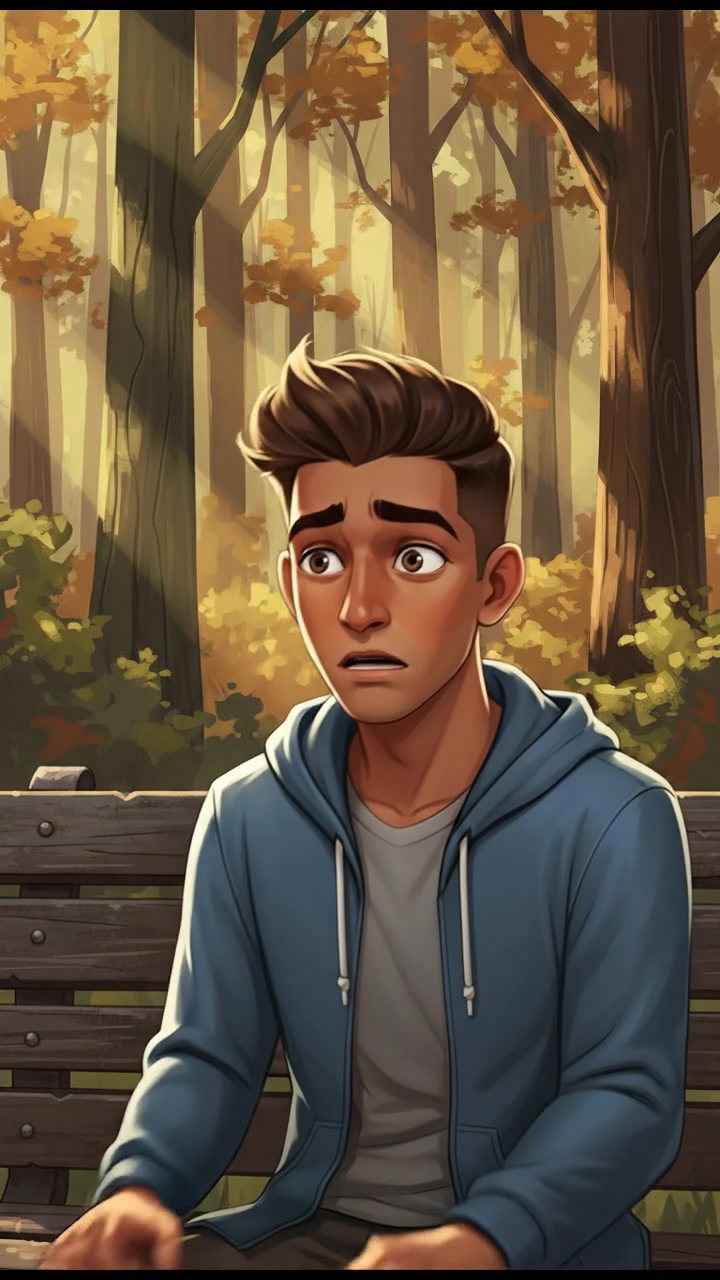 A close-up of Arjun looking worried while sitting on a park bench, surrounded by trees.