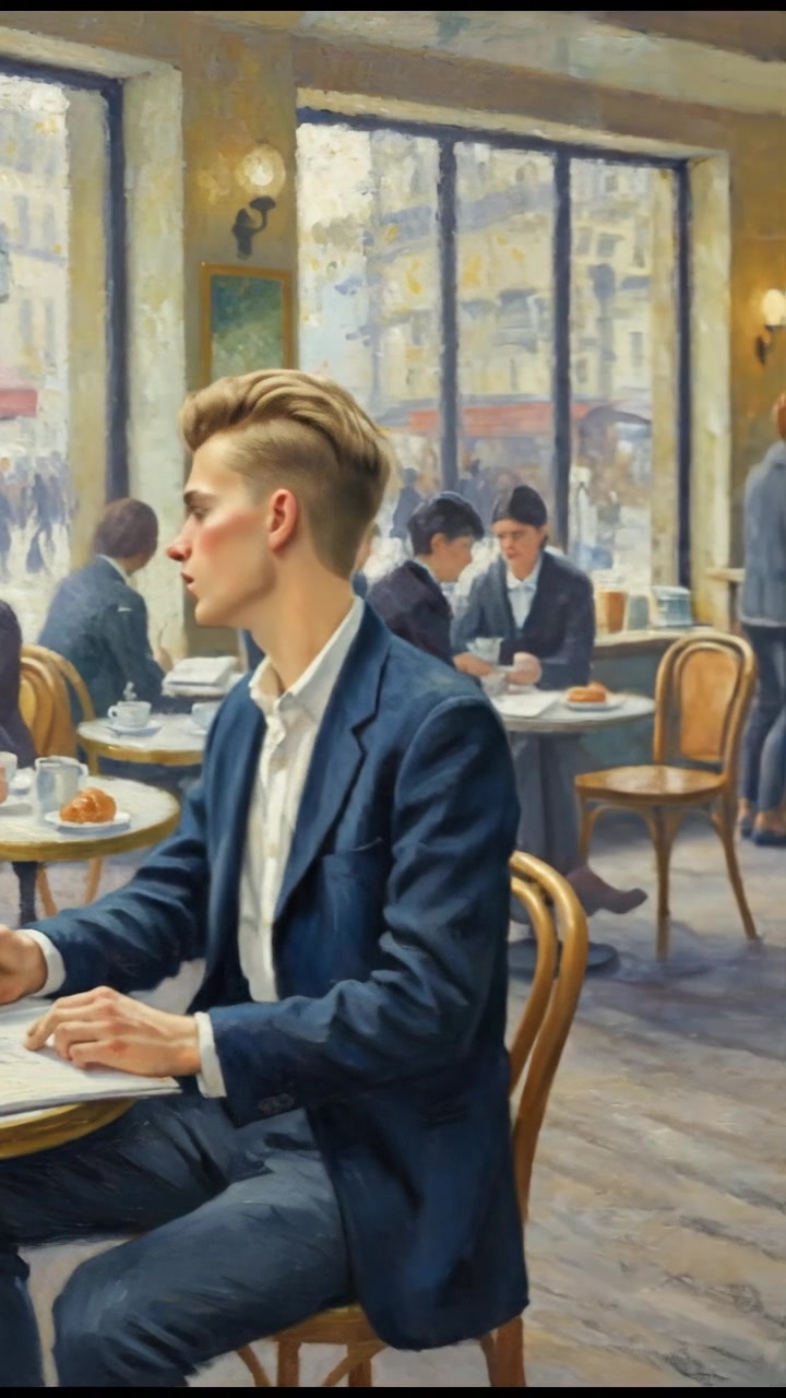 Ryan seated at a small table in a café, sketching on a notepad.