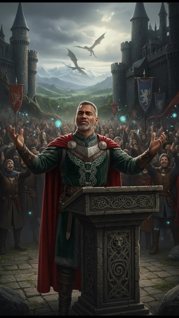 Kwame speaking passionately at a podium, with a crowd of supporters behind him.