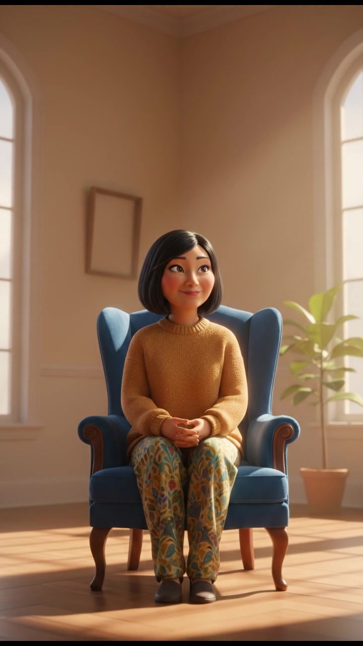 Li sitting quietly in an armchair, looking at the empty room, with a gentle expression.