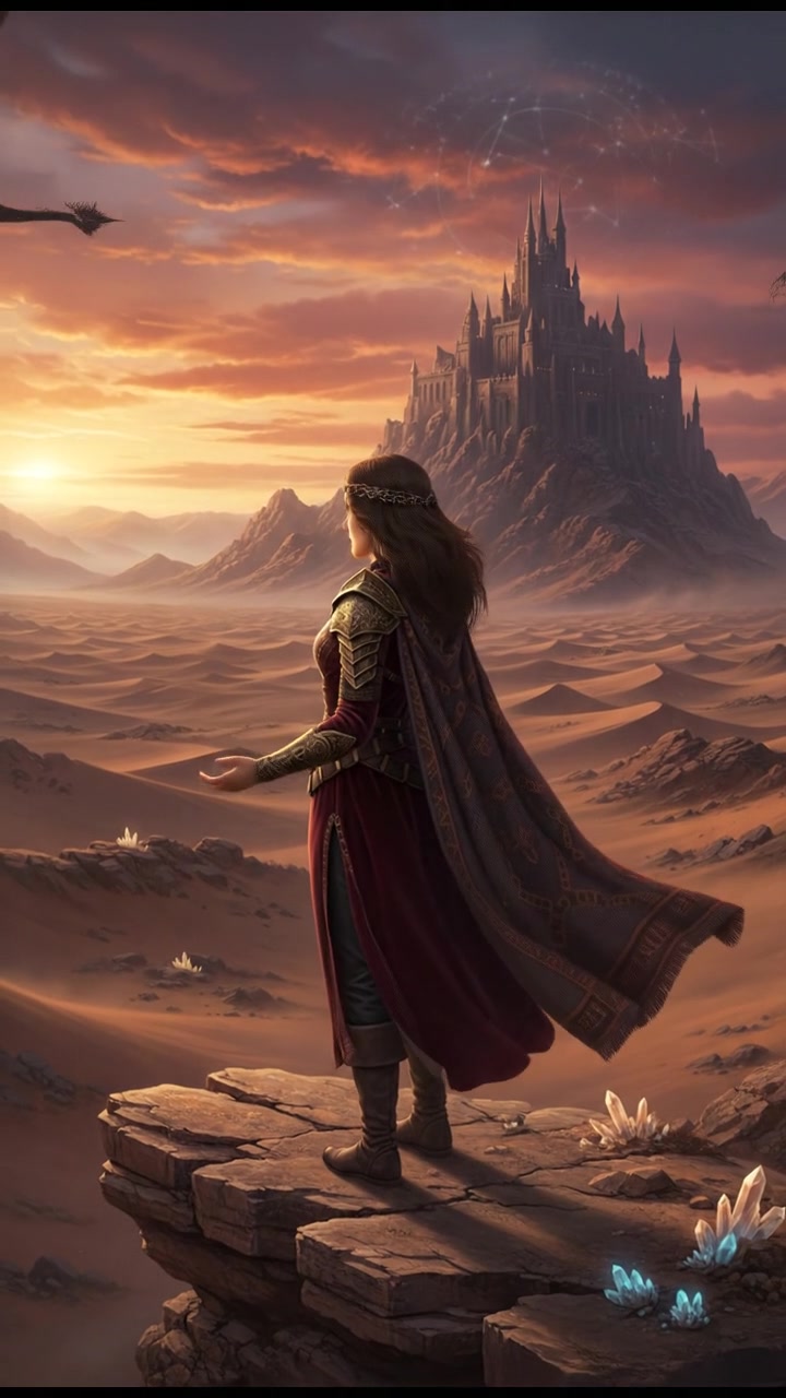 Laila, standing on a rocky cliff, gazes out at a vast desert landscape at sunset.