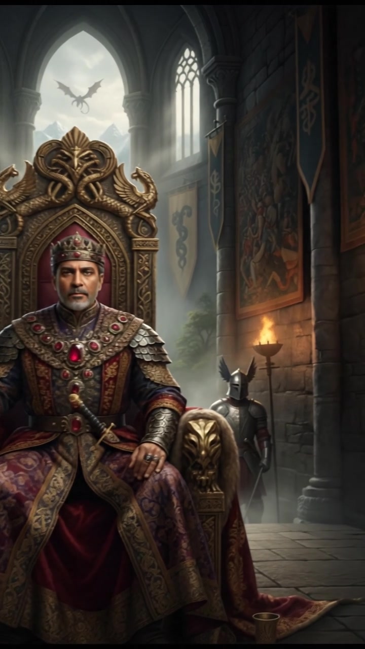 Raj in royal robes, seated on a lavish throne in a grand castle.