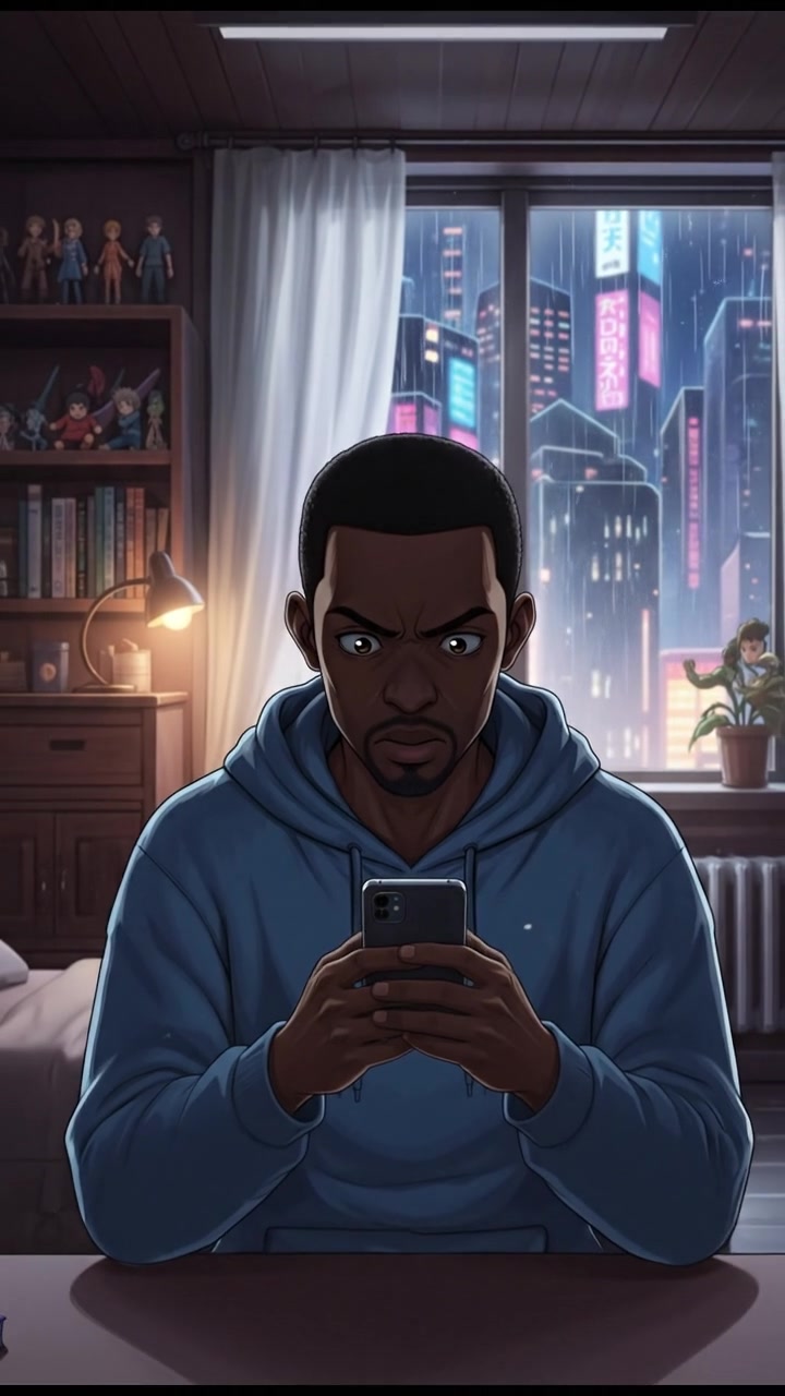 Isaiah sits in a dimly lit room, looking at his phone with a focused expression.