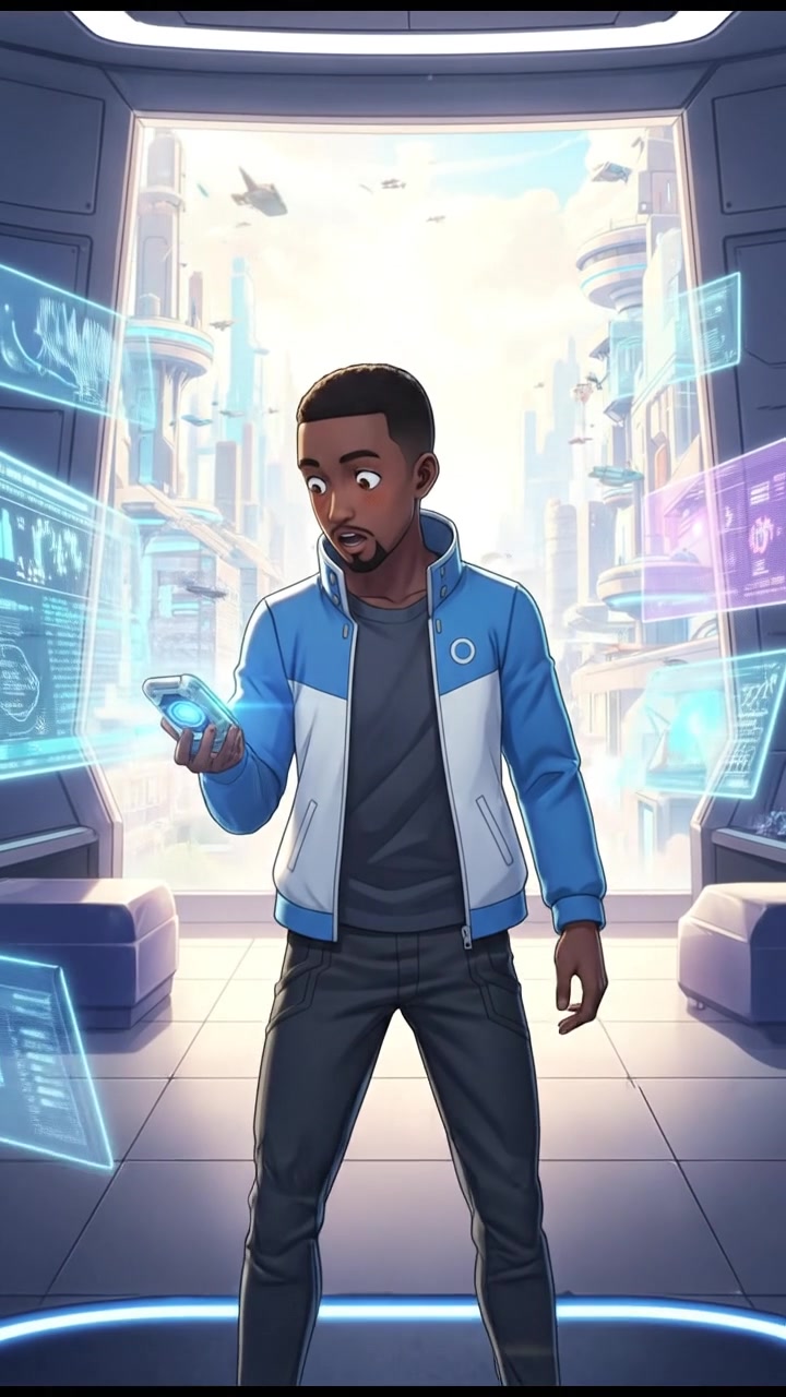 Isaiah stands surprised in a bright room, with a futuristic gadget in his hand.