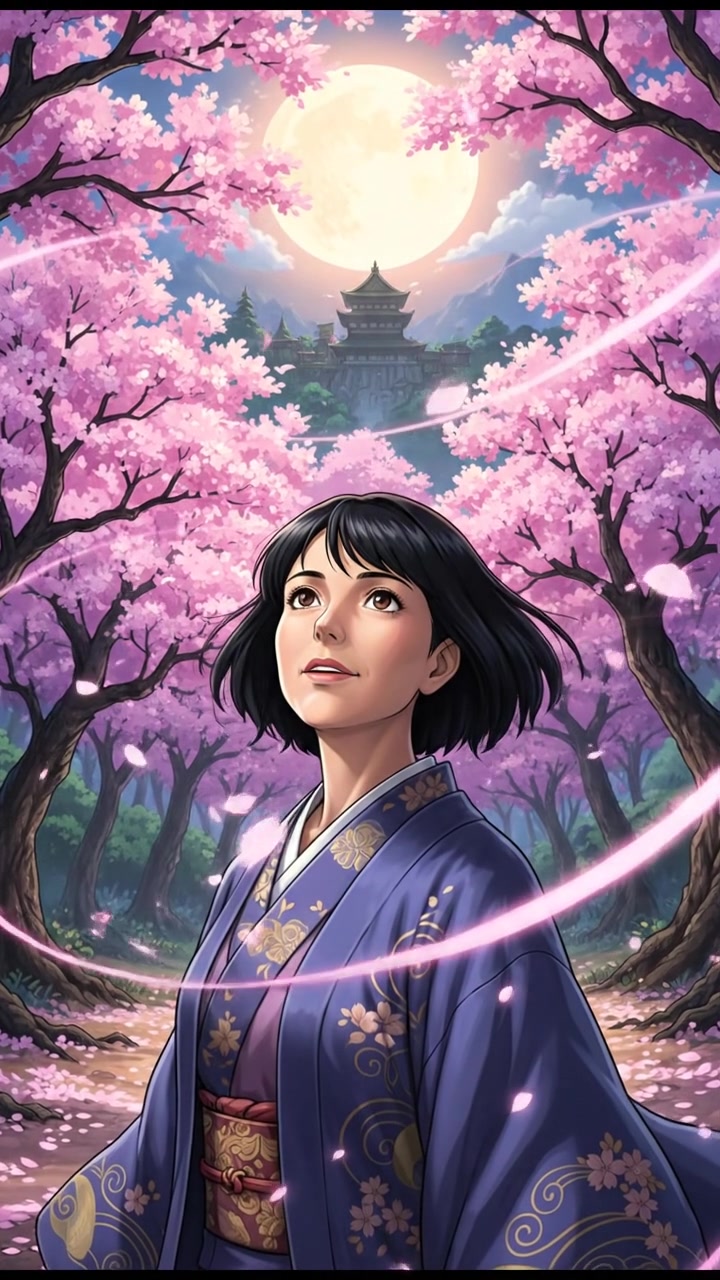 Lots of glowing cherry blossoms swaying in the wind, with Li standing in the midst, looking intrigued.