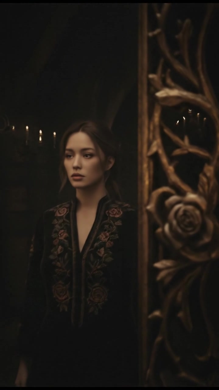 Mei, standing in front of an ornate, antique mirror, looking curiously at her reflection.