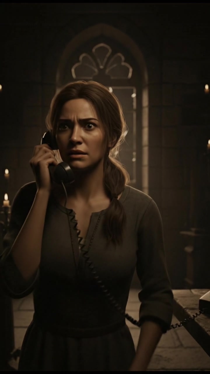 Mei holding the phone to her ear with a concerned expression.