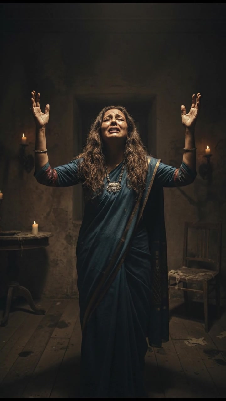 Asha, with tears in her eyes, stands in a dimly lit room, her arms raised in anguish.