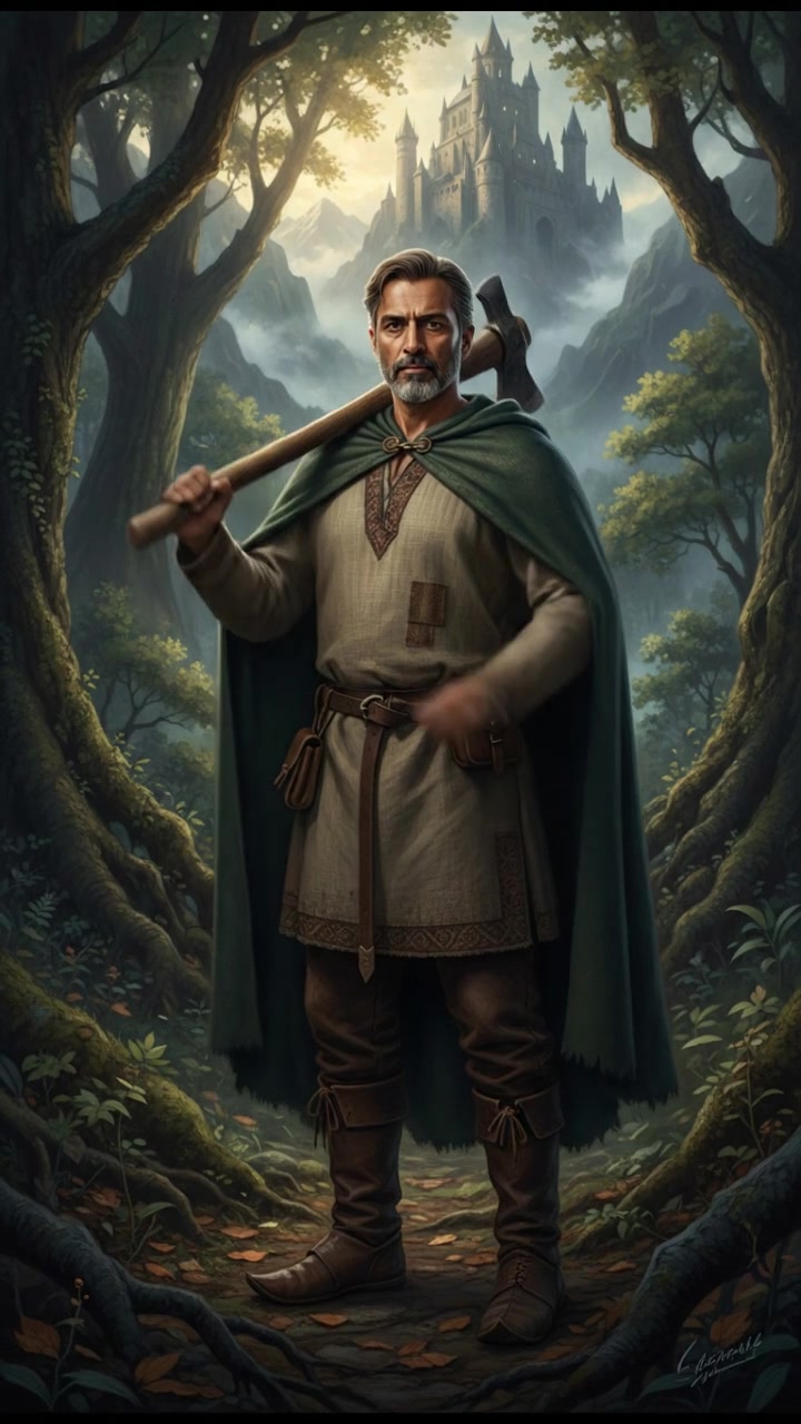 A poor but honest woodcutter named Raj, standing in the forest holding an axe.