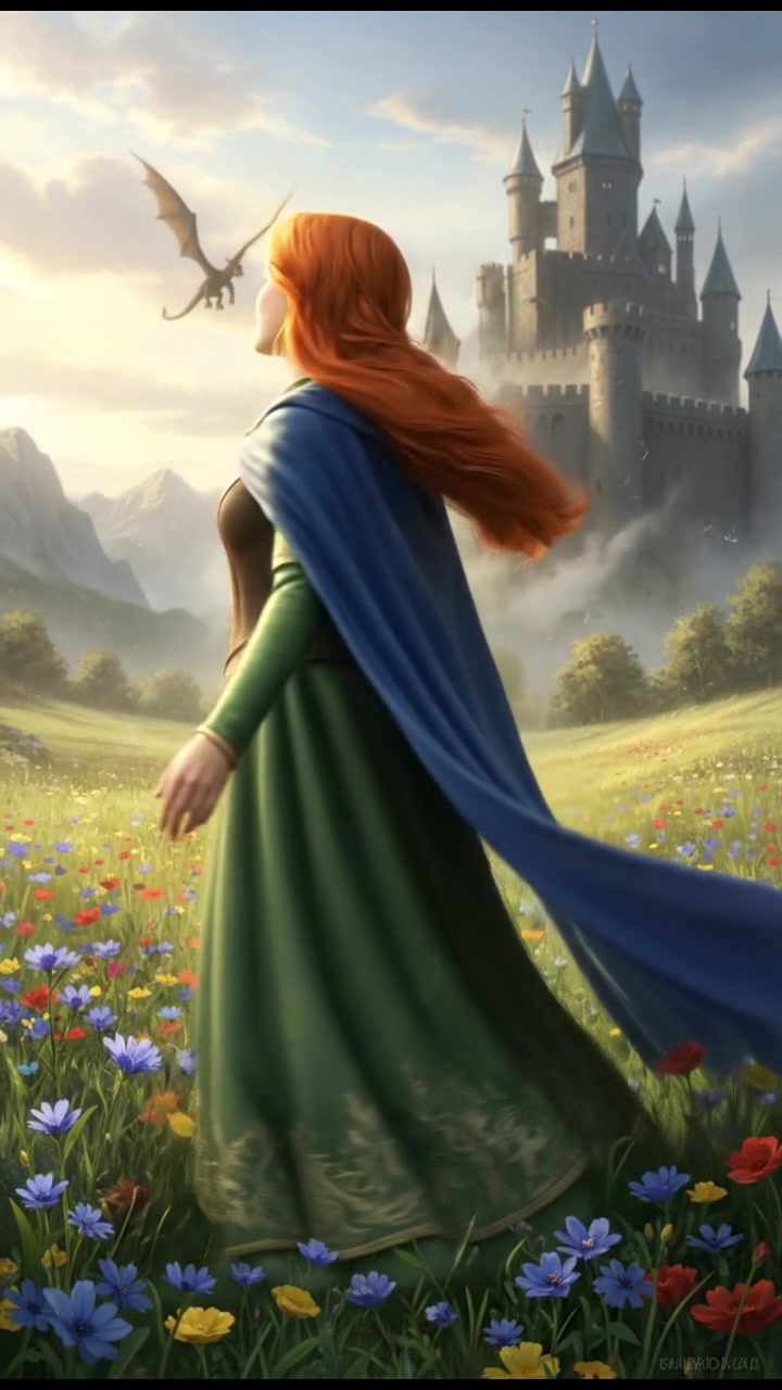 Emma, standing in a sunlit meadow filled with wildflowers, gazes at the sky with a soft expression.