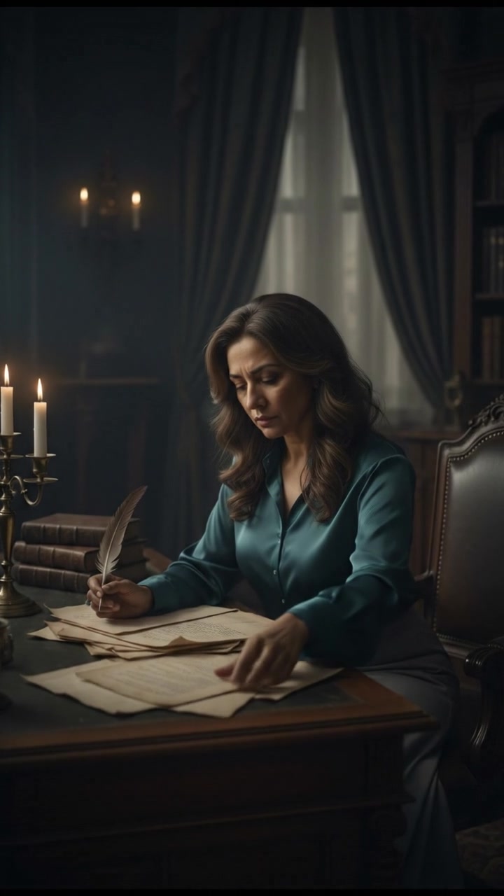 Asha sitting at a desk, looking serious while reviewing documents in her office.