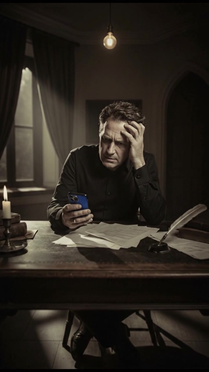 Mark holding the phone, looking exasperated while seated at his desk.