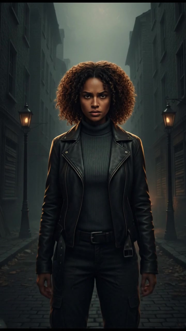 Nia looks determined, standing alone in an empty street, with shadows creeping in around her.