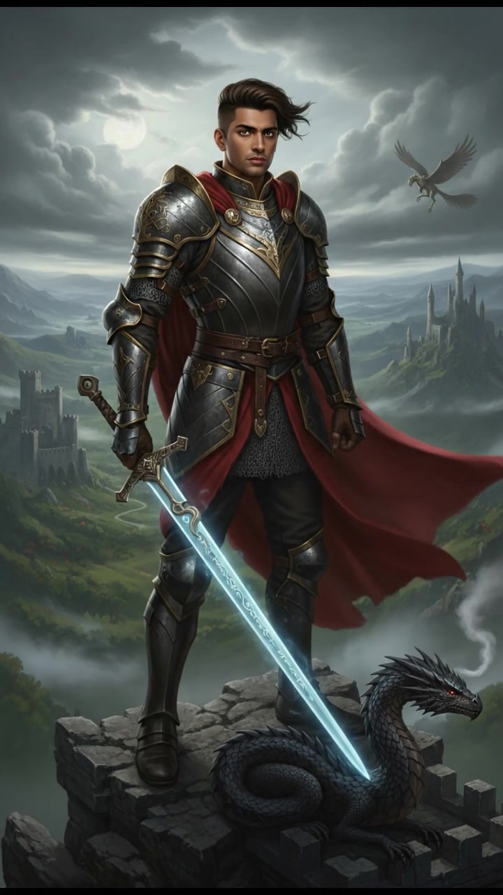 Arjun stands confidently, holding a sword that glows faintly, hinting at his divine heritage.