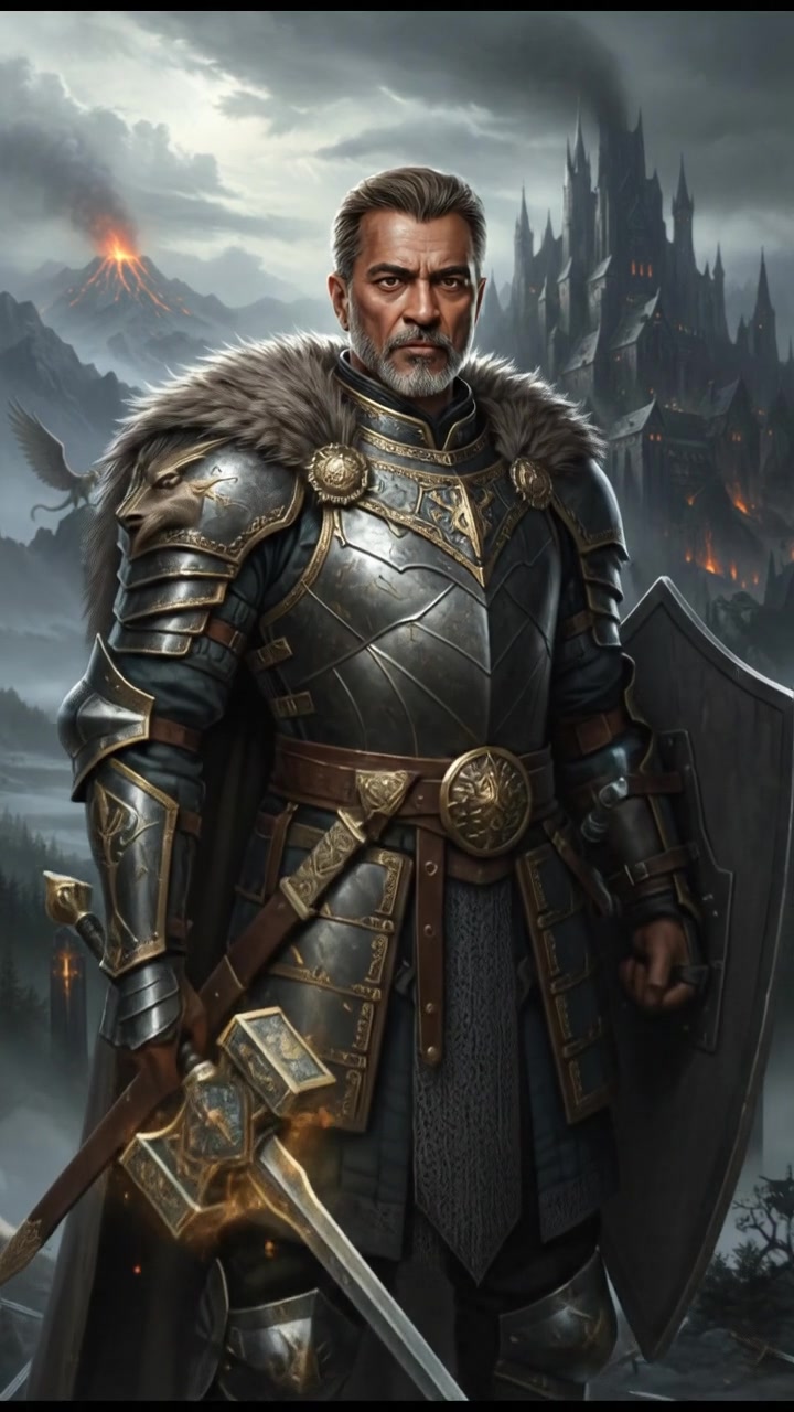 Raj, standing confidently with a sharp expression, ready for battle.