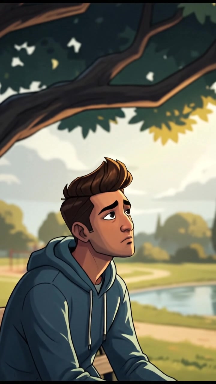 Arjun sitting alone on a park bench under a large tree, looking around sadly.