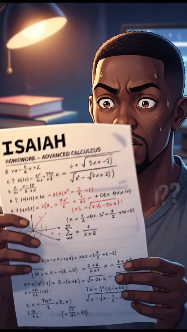 A close-up of Isaiah’s homework sheet filled with complicated math problems.