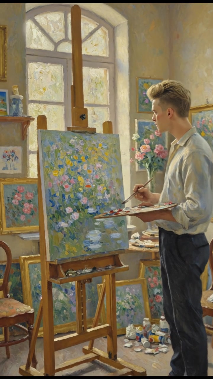 A vintage-style art studio filled with paintings, an easel featuring a canvas, and Ryan standing beside it.