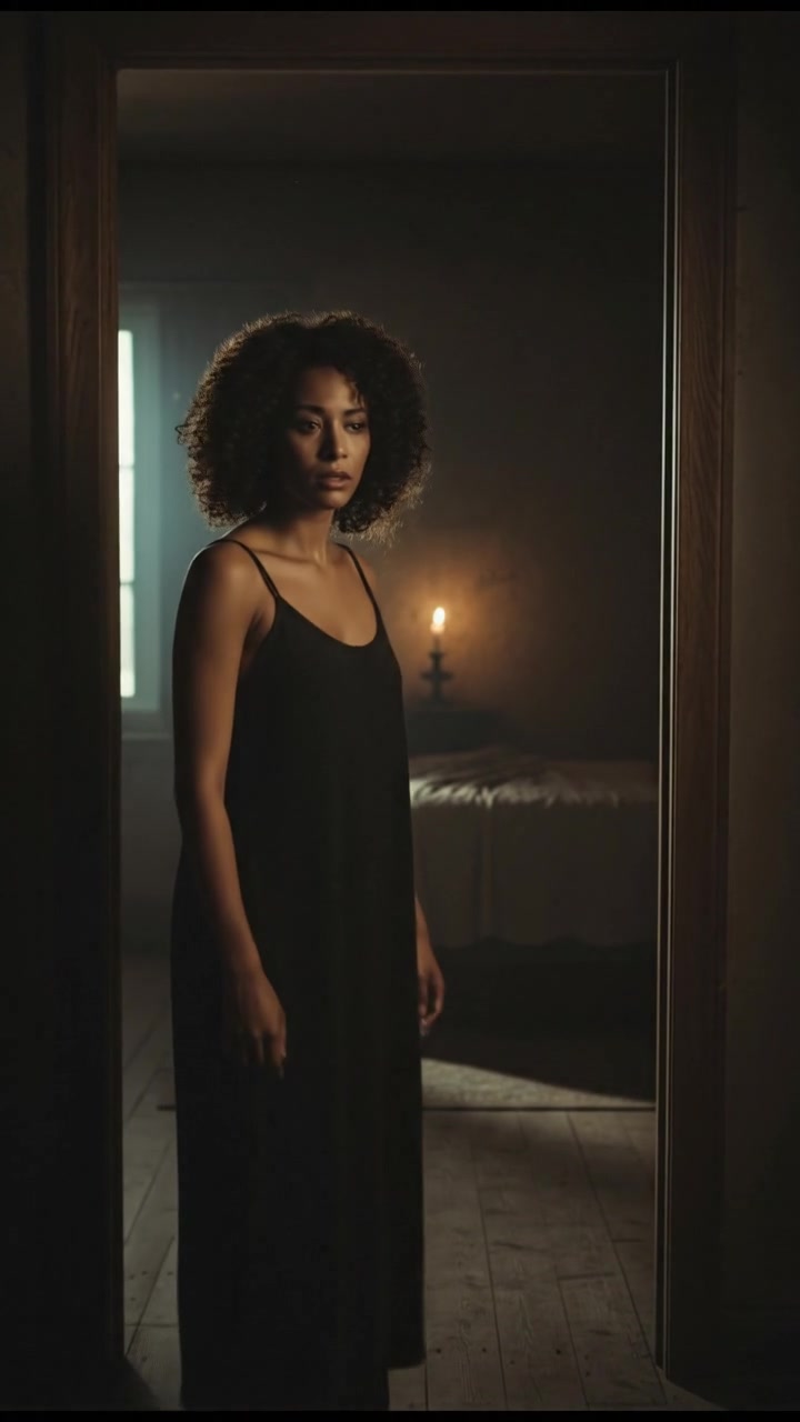 Nia standing nervously at the threshold of her parents' room, glancing back.