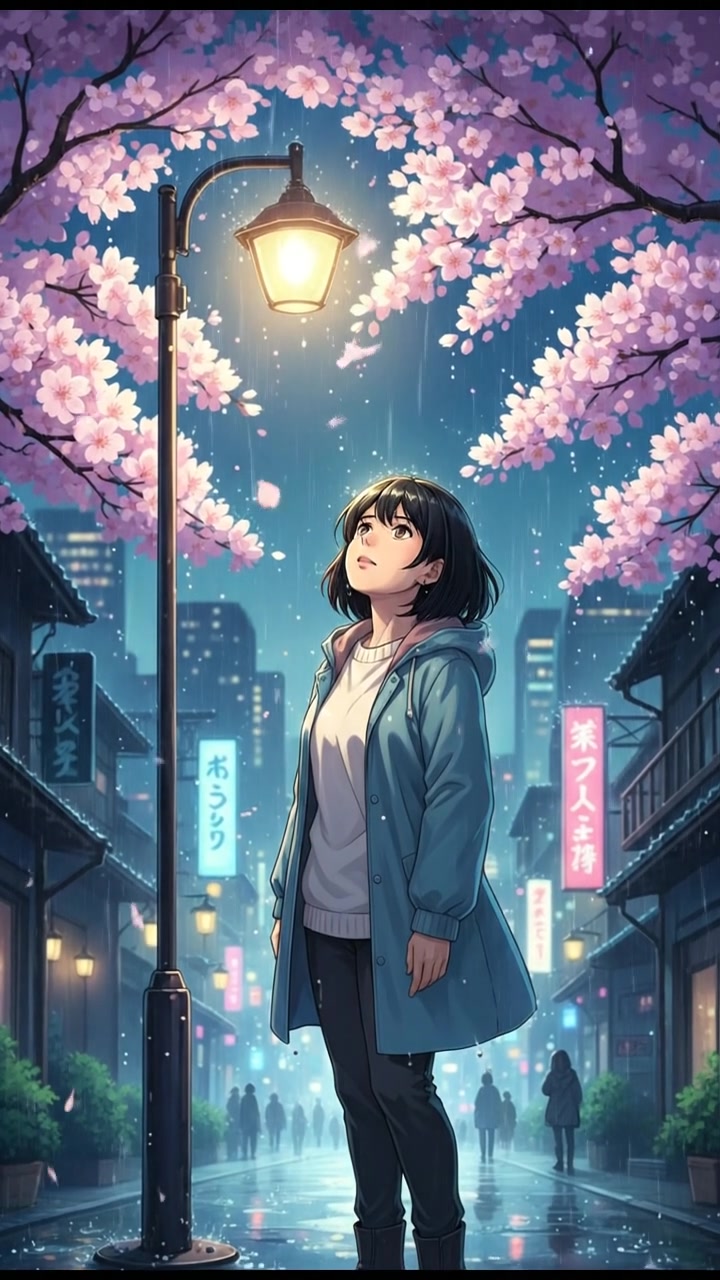 Li standing under a streetlight, looking up curiously at blooming cherry blossoms in the rain.
