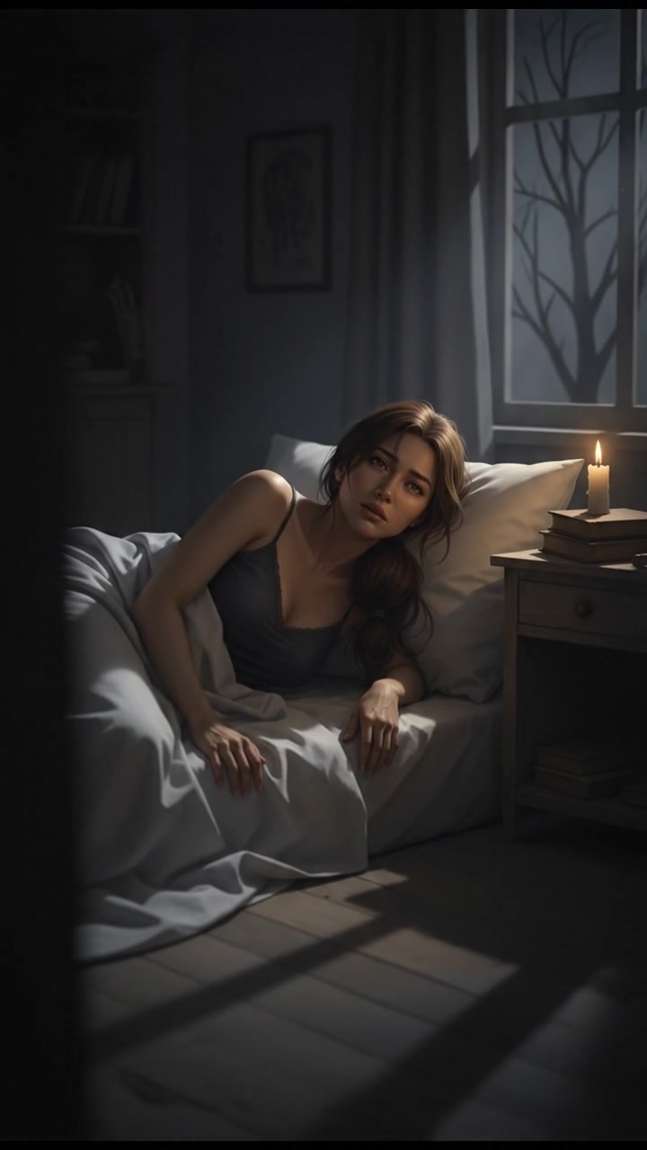 Mei lying awake in bed at midnight, with the bed sheet fallen off and a dim light illuminating the room.