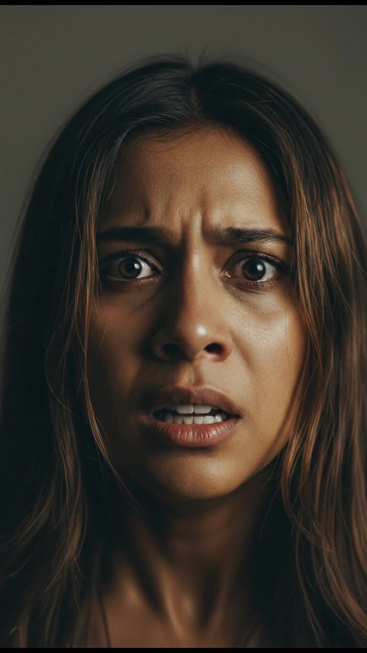 A close-up of Priya's face showing a look of fear as she breathes heavily.