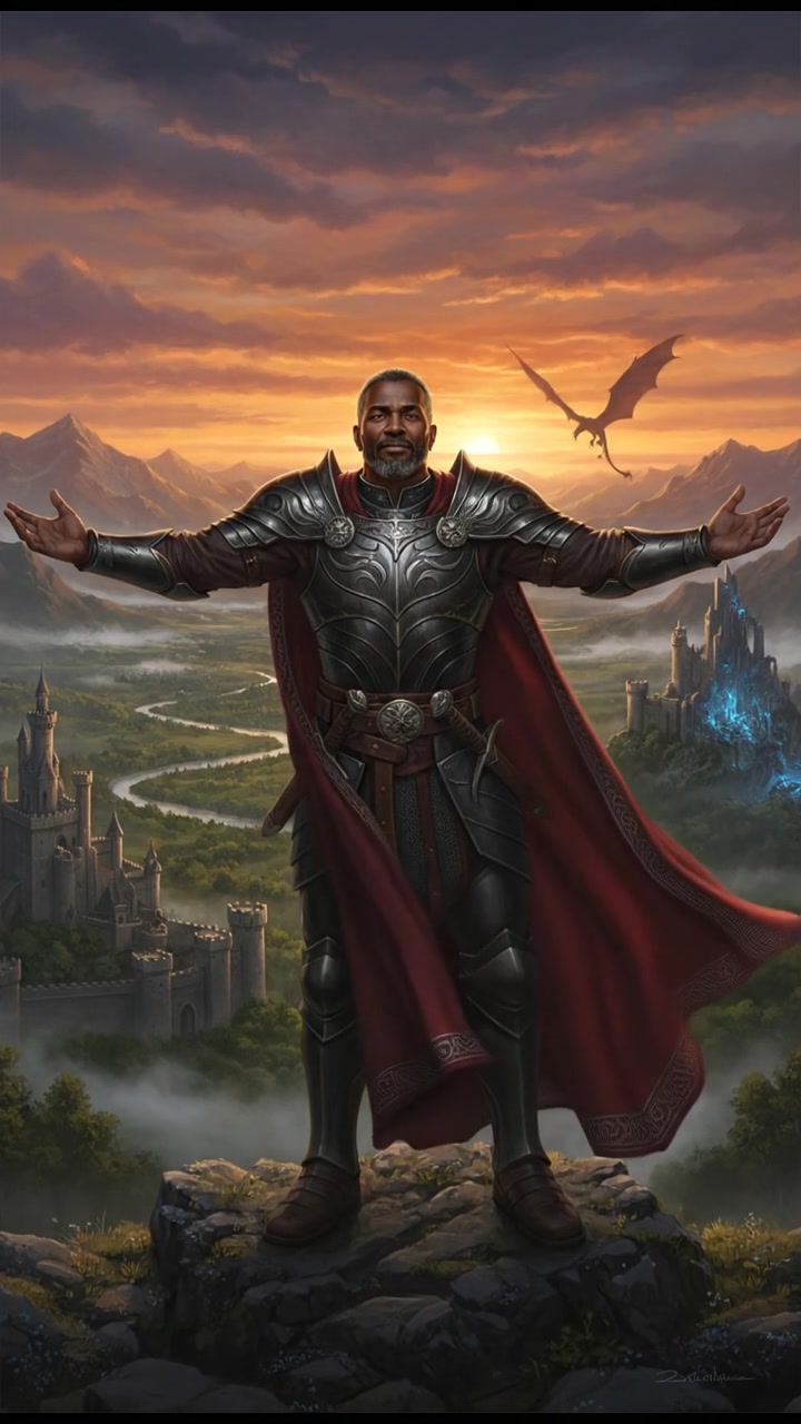 Kwame stands on a hilltop overlooking a vast landscape during sunset, arms raised toward the sky.