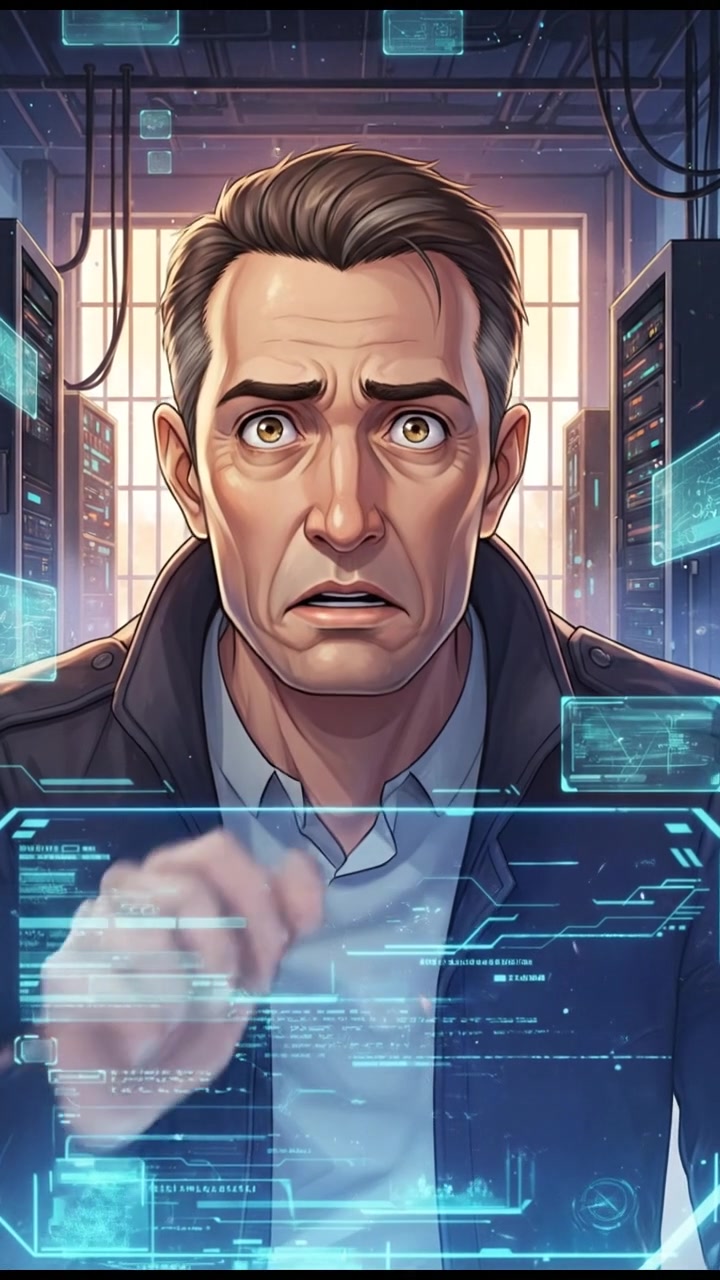 Omar looking at a digital screen with a concerned expression.