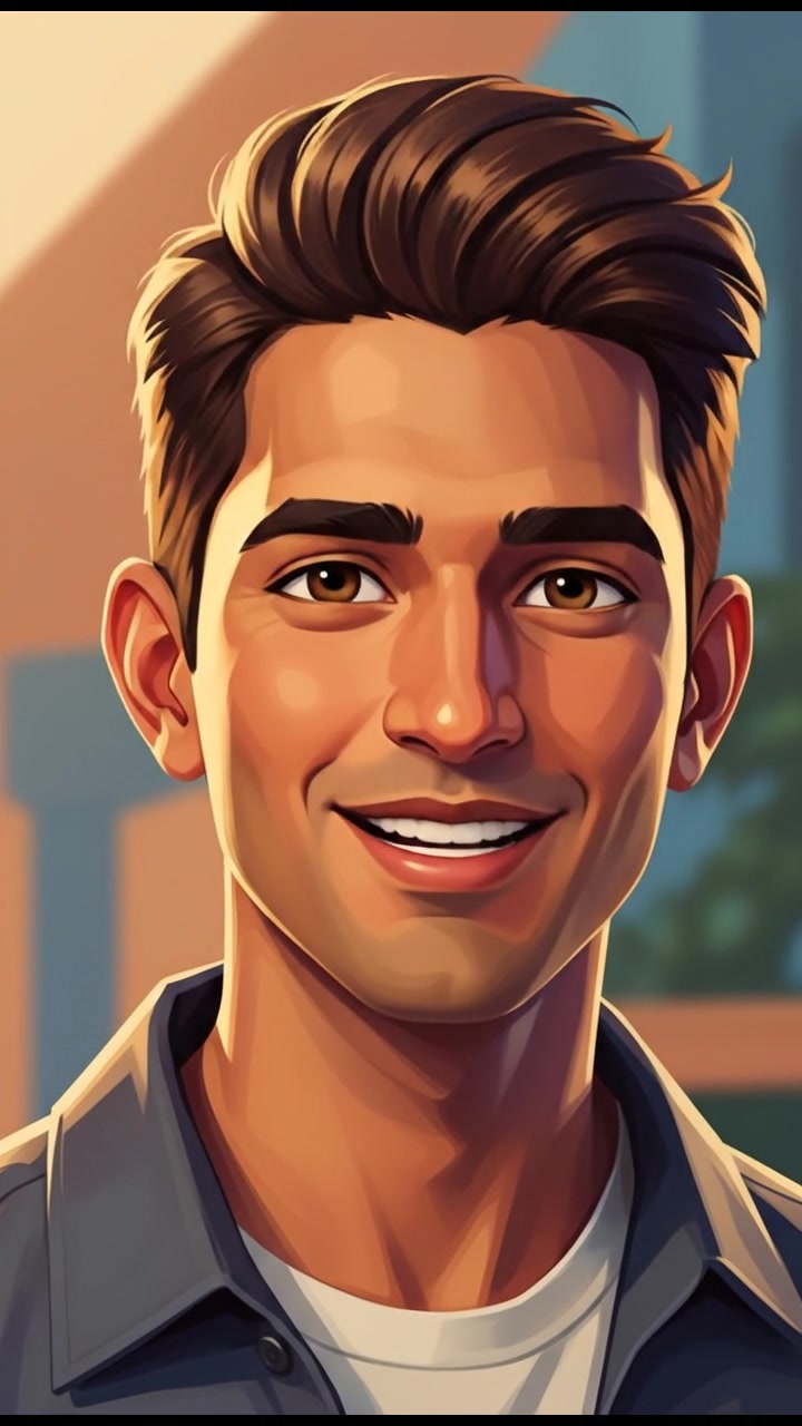 A close-up of Arjun smiling warmly, eyes filled with an understanding look.