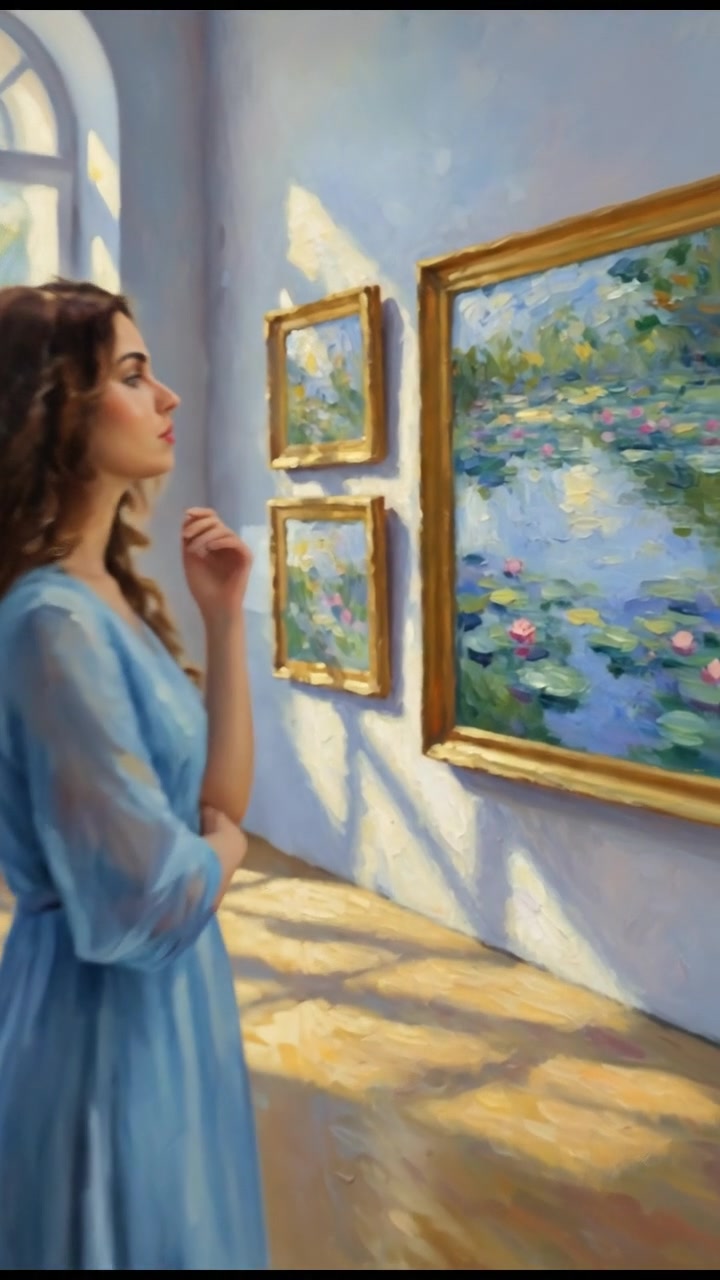 Maya standing in an art gallery, looking thoughtfully at a painting.