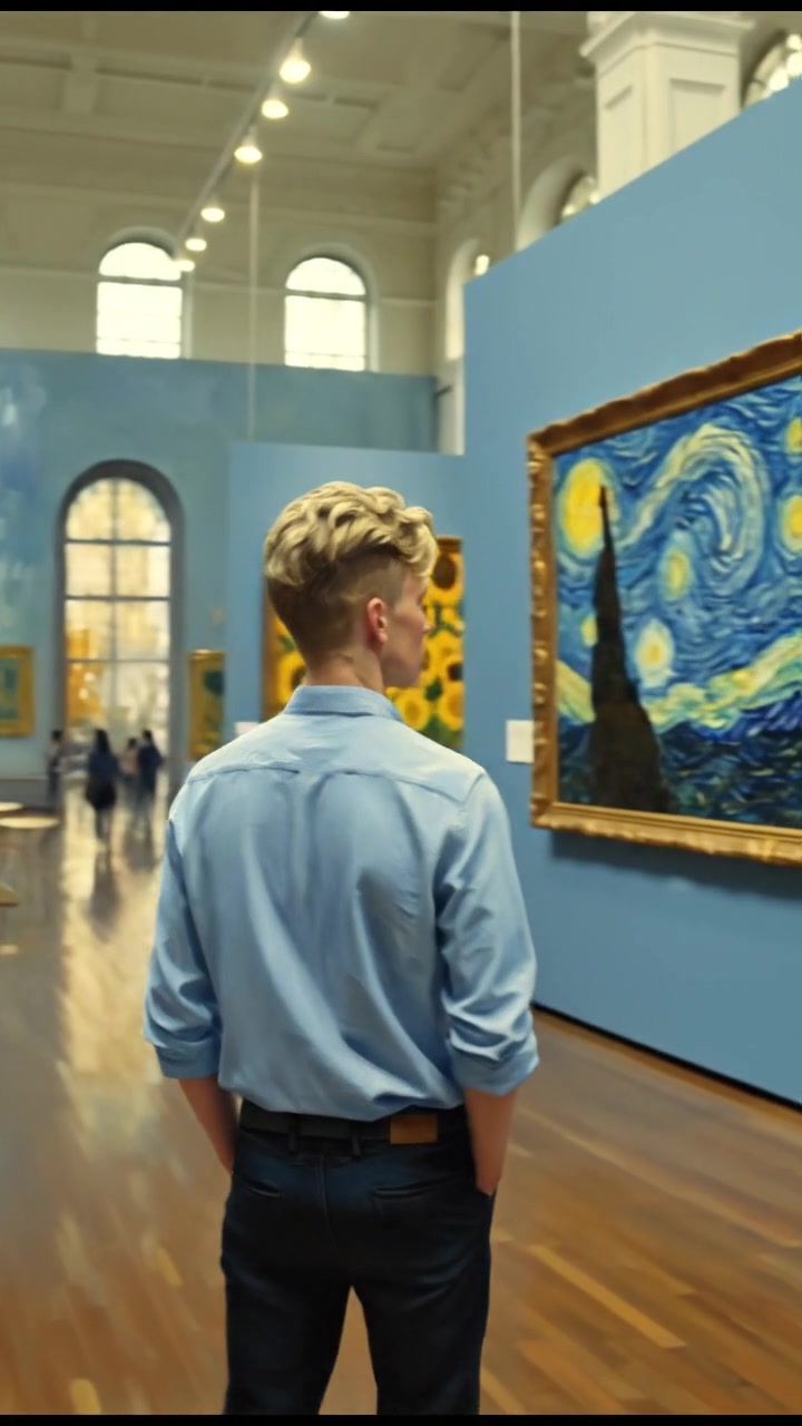 A montage of Van Gogh paintings displayed in an art gallery.