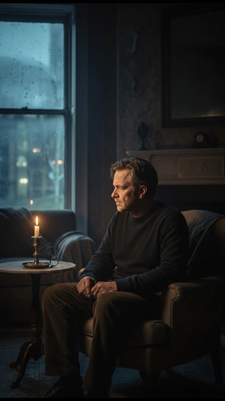 Mark sitting in a dimly lit living room, looking out the window with a pensive expression.