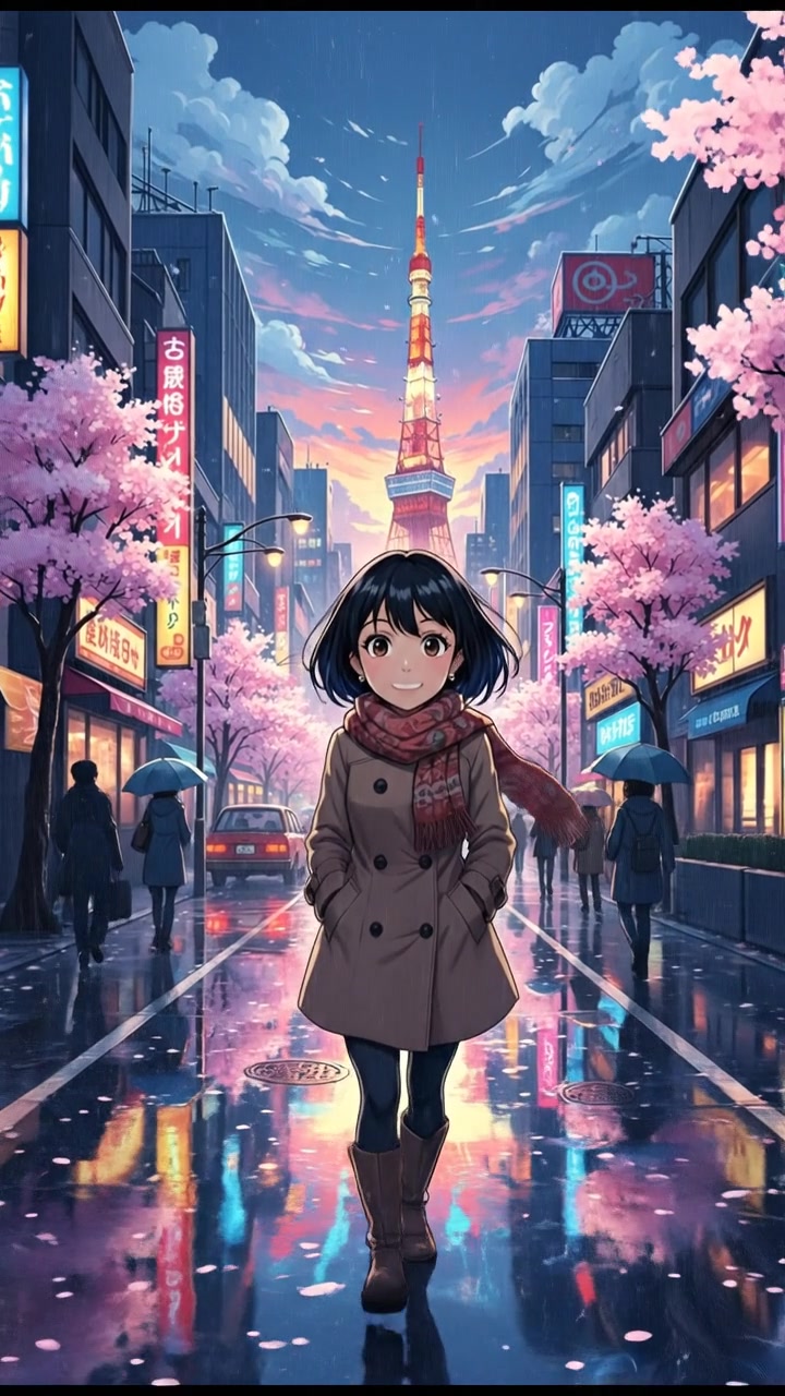 Li walking home along a rain-soaked street in Tokyo, with colorful reflections on the wet pavement.