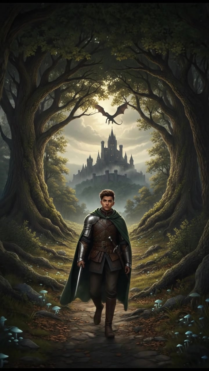 A wide view of Arjun walking on a dirt path that leads into the forest, with trees framing the scene.