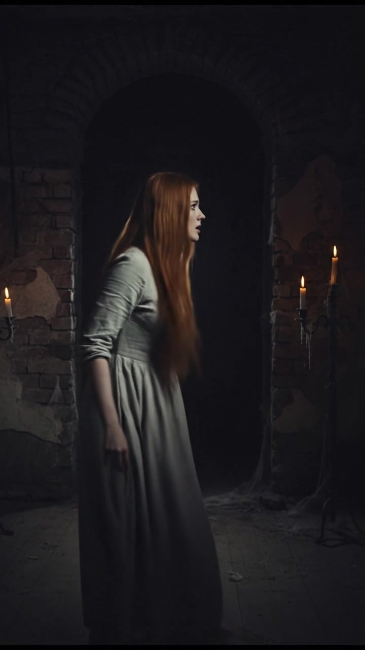 Emma turns quickly, her face showing fear as she looks into the darkness.