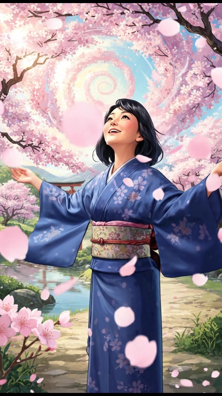 The wind blowing through the cherry blossoms, petals swirling in the air around Li.