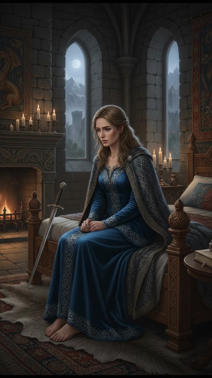 A darkened bedroom with Ashley sitting on the edge of the bed, deep in thought.