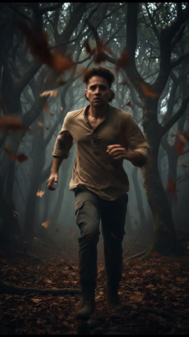Mateo running through a dense forest, panic in his expression, leaves rustling around him.