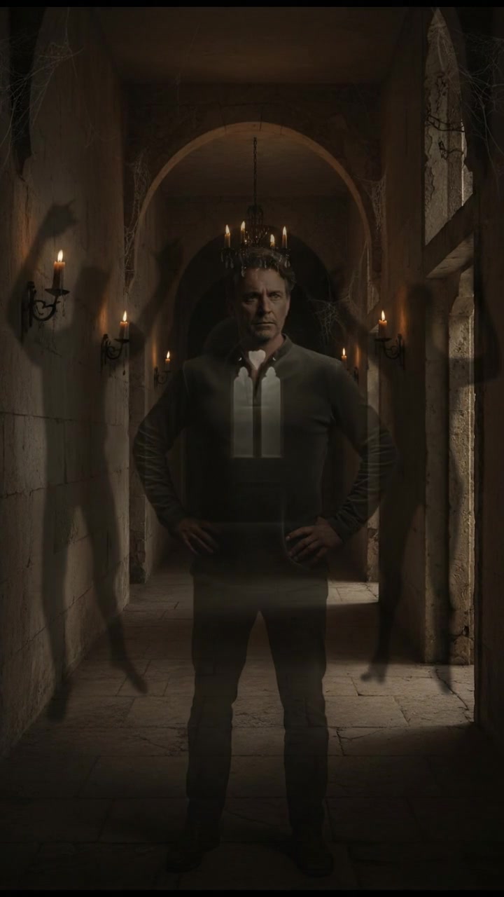 Mark, with a brave expression, standing in the hallway with hands on his hips, looking slightly anxious.