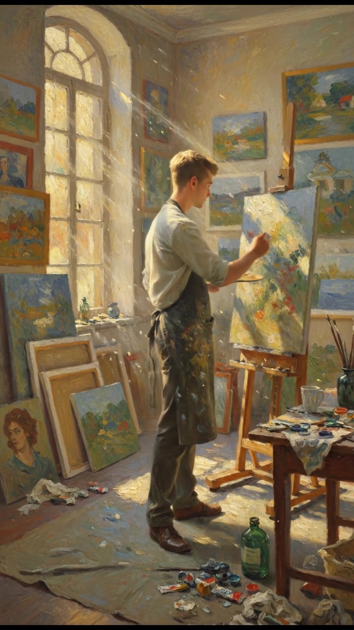 A cluttered artist studio filled with canvases and paint, with sunlight streaming through a window.