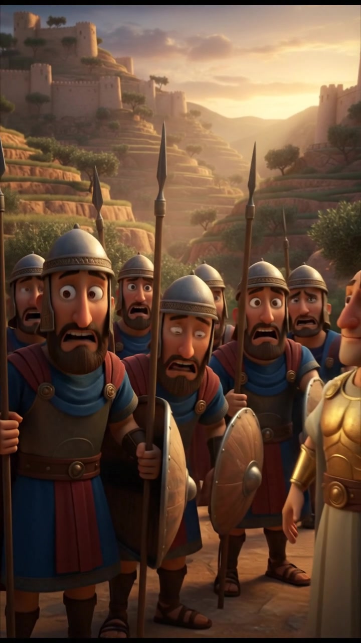 Israelite soldiers stand together, fear visible on their faces as they look at Carlos.
