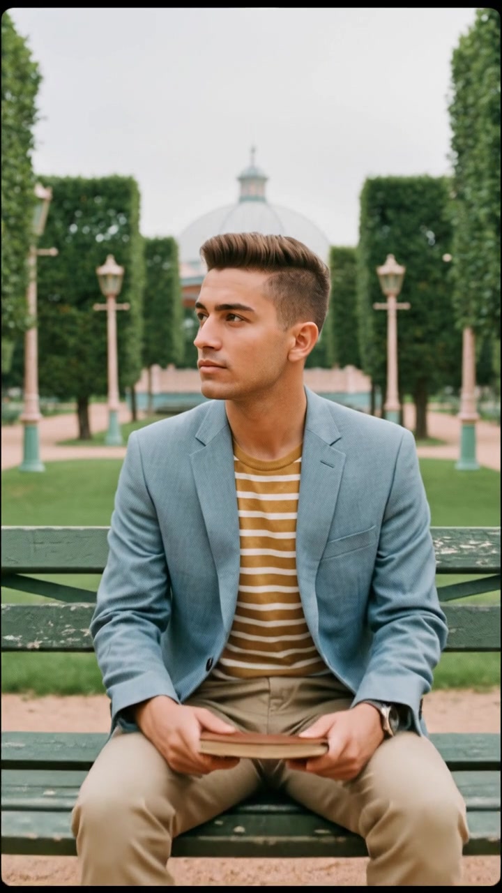 Amir sitting on the same park bench, deep in thought with a wistful glance.