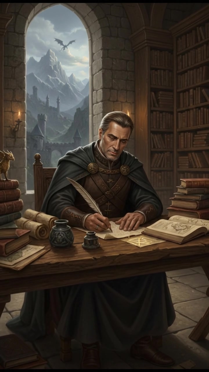 Omar is sitting at a wooden desk, surrounded by piles of ancient scrolls and books, writing notes.