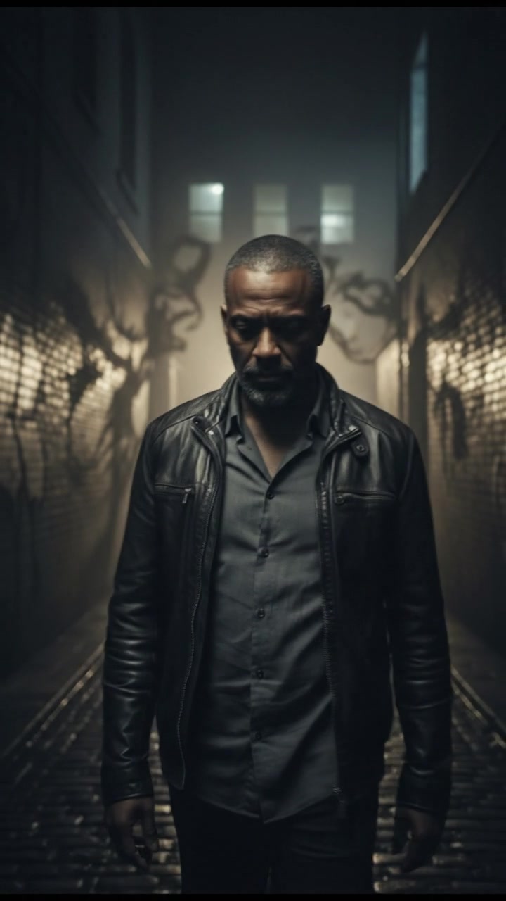 The Kwame walking through a dark alley, with shadows reflecting his troubled thoughts.