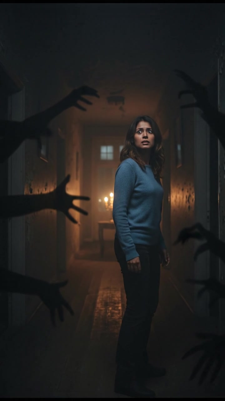 Priya standing in a dark hallway, looking frightened, with shadows looming around.