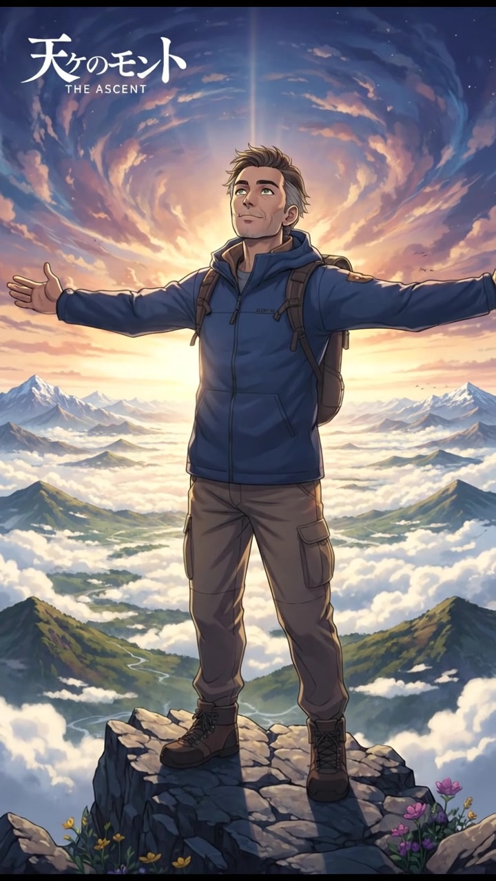 Omar standing on a mountain peak, looking out over a vast valley with rolling hills and clouds beneath.