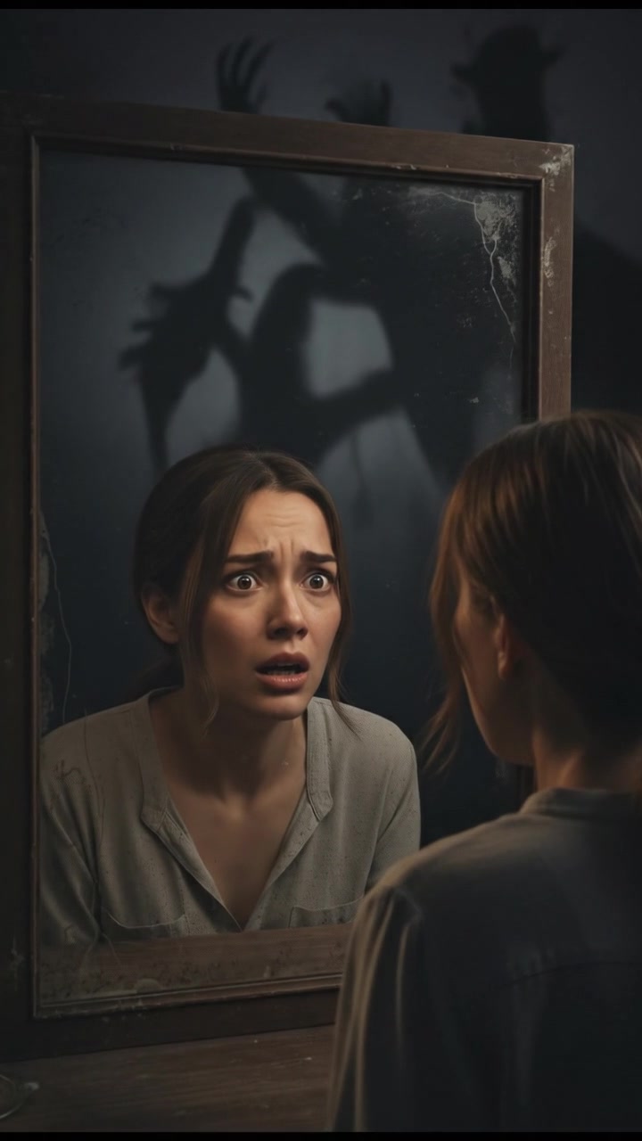 Mei looks frightened as she gazes into the mirror, shadows dancing behind her.