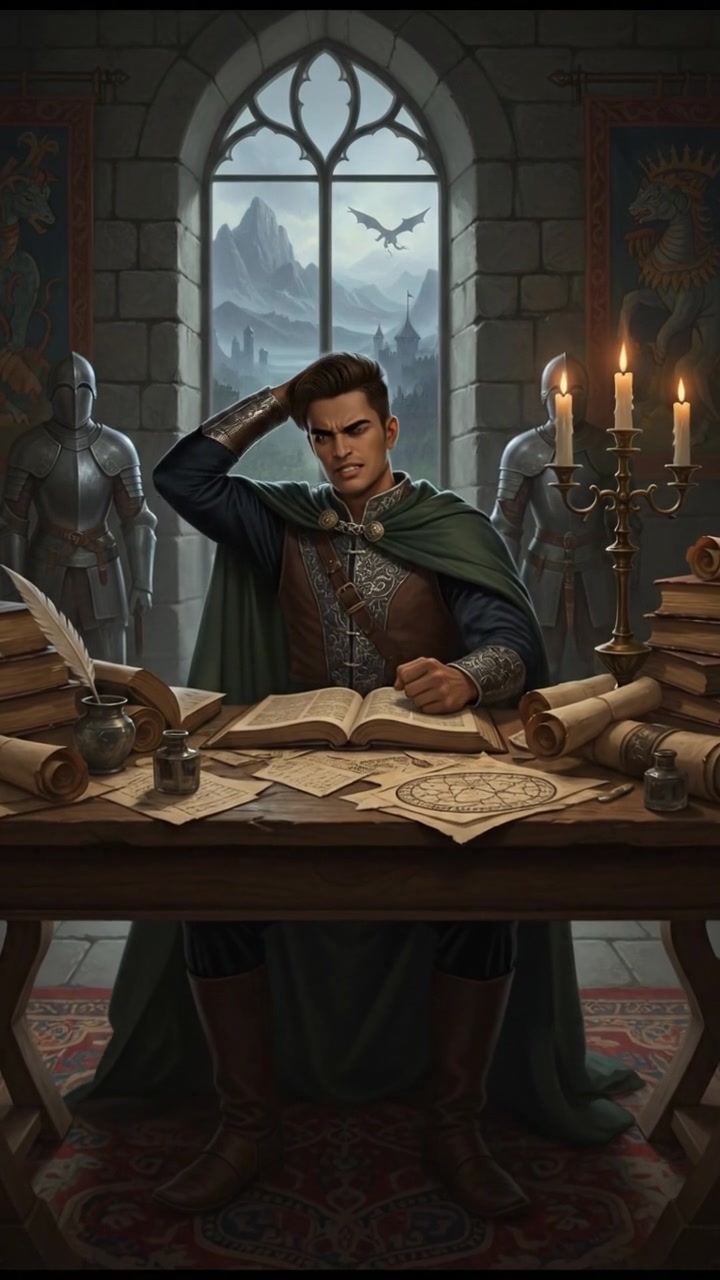 A young man, सानो, studying at a desk cluttered with books and papers, looking frustrated.